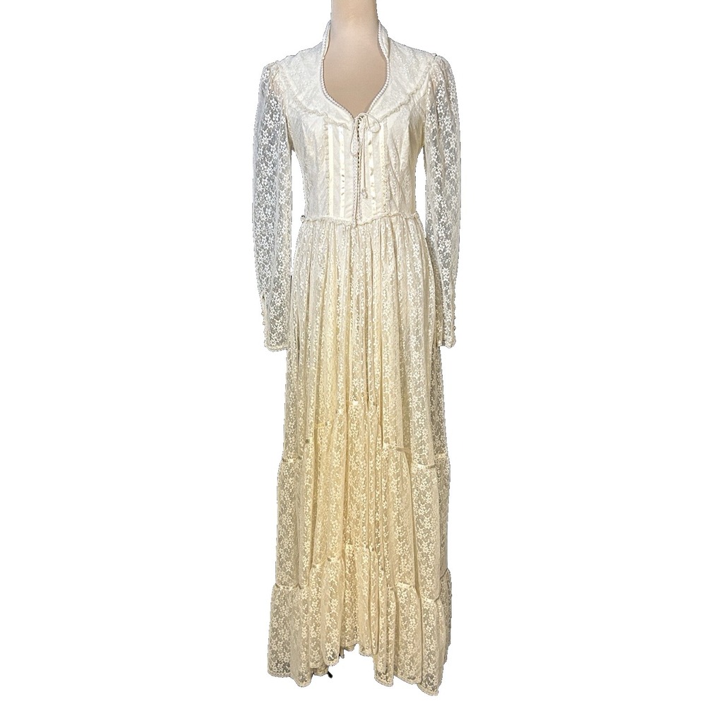 Vintage Gunne Sax 70s High Neck Corset Lace Wedding Prairie Dress Size 11